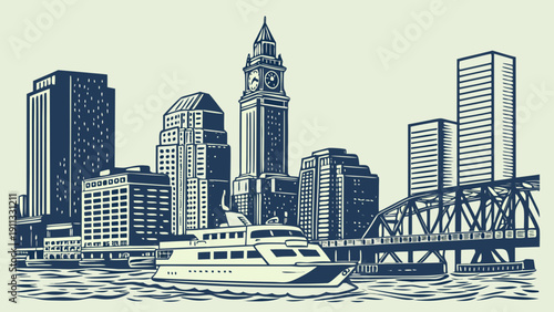 Boston skyline illustration with boat, bridge in blue and white color ideal for travel, tourism promos, citythemed designs.