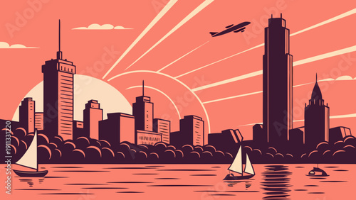 Boston skyline with sailboats and airplane perfect for travel brochures, city guides, tourism websites, and promotional materials for boston.