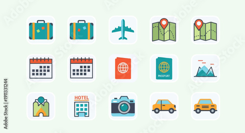 Collection of Travel and Vacation Icons Featuring Luggage Maps and Transportation.