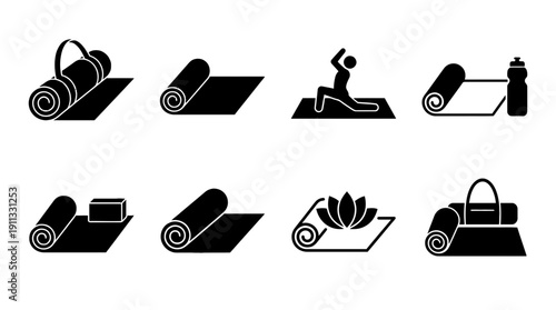 yoga mat , black vector icon set collection , white background , SVG and PNG