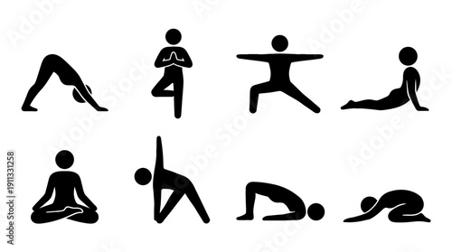 yoga pose , black vector icon set collection , white background , SVG and PNG