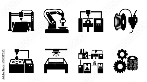 3d printer industrial , black vector icon set collection , white background , SVG and PNG