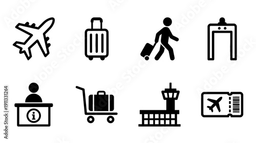airport terminal , black vector icon set collection , white background , SVG and PNG