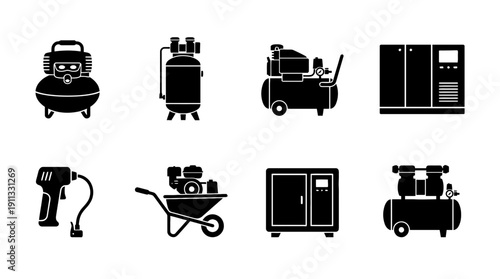 air compressor , black vector icon set collection , white background , SVG and PNG