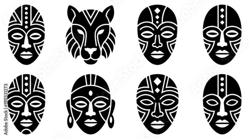 african mask , black vector icon set collection , white background , SVG and PNG
