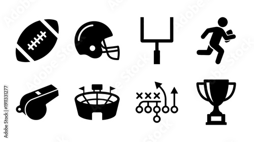 american football , black vector icon set collection , white background , SVG and PNG