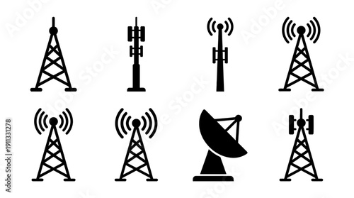 antenna tower , black vector icon set collection , white background , SVG and PNG