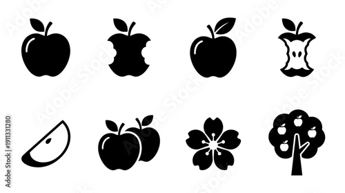 apple , black vector icon set collection , white background , SVG and PNG