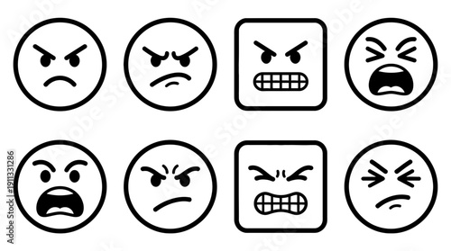 angry face , black vector icon set collection , white background , SVG and PNG