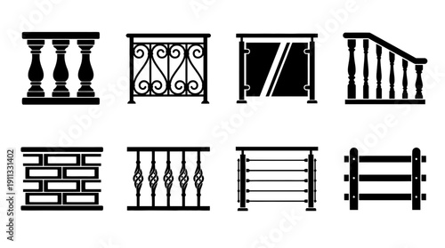 balustrade , black vector icon set collection , white background , SVG and PNG
