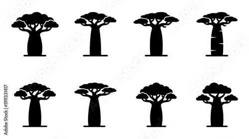 baobab tree , black vector icon set collection , white background , SVG and PNG