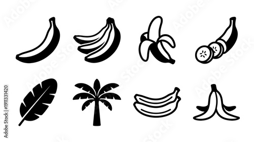 banana , black vector icon set collection , white background , SVG and PNG