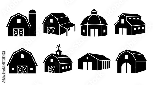 barn , black vector icon set collection , white background , SVG and PNG