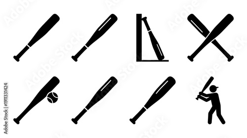 baseball bat , black vector icon set collection , white background , SVG and PNG