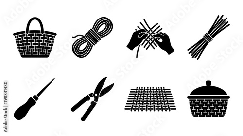 basket weaving , black vector icon set collection , white background , SVG and PNG
