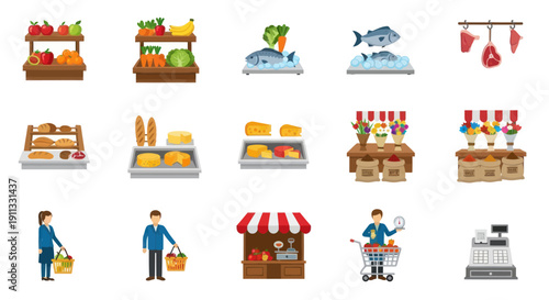 Supermarket Stalls with Fresh Produce Fish Bread and Other Groceries.