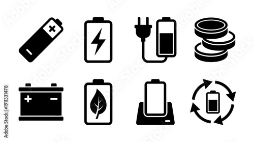 battery energy , black vector icon set collection , white background , SVG and PNG