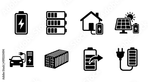 battery storage , black vector icon set collection , white background , SVG and PNG