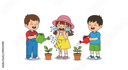 Three cheerful cartoon children, two boys and a girl, happily engage in gardening, watering plants and playfully splashing water.