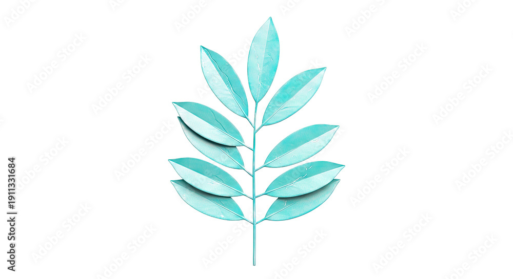Obraz premium Teal Leafy Branch on White Background