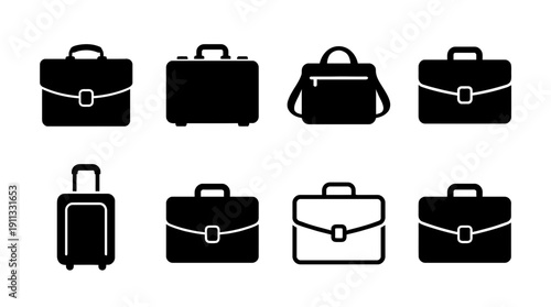 briefcase , black vector icon set collection , white background , SVG and PNG