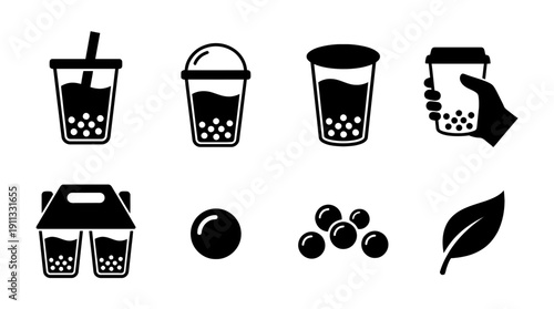 bubble tea , black vector icon set collection , white background , SVG and PNG