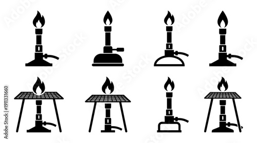 bunsen burner , black vector icon set collection , white background , SVG and PNG