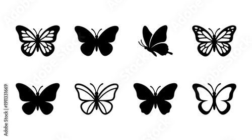 butterfly , black vector icon set collection , white background , SVG and PNG