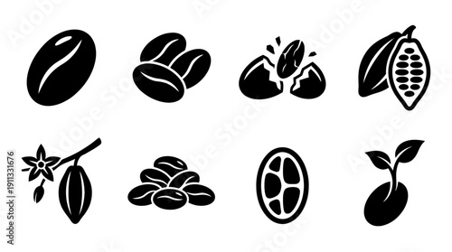 cacao bean , black vector icon set collection , white background , SVG and PNG