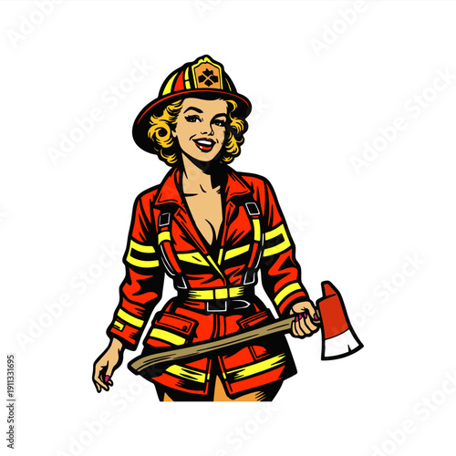 firefighter sexy pinup girl drawing retro simple   illustration