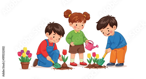Three cheerful children are actively engaged in gardening, with two planting tulip bulbs and one watering the newly planted flowers.