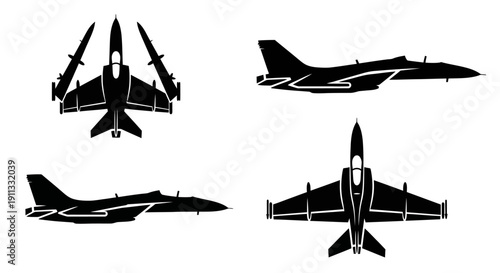 Collection of fighter jet silhouette icons in various views, including side, front, back, and aerial perspectives, on a clean white background.