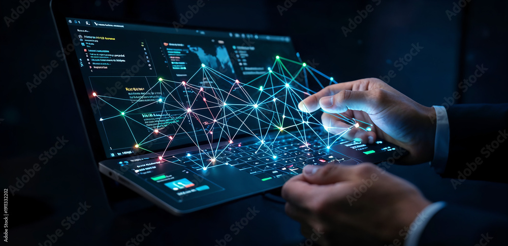 Fototapeta premium Abstract digital network interface concept visualized on a futuristic screen with glowing connections and a hand interacting with the display, representing advanced technology and data analytics