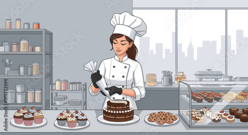 A cartoon baker decorating pastries in a modern kitchen with city view.