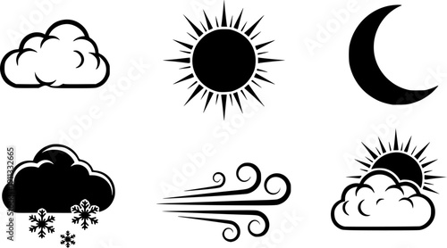 Weather icons. Weather forecast icon set. Clouds logo. Weather , clouds, sunny day, moon, snowflakes, wind, sun day. Vector illustration