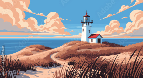 A serene pixelated lighthouse stands on a rugged coastline with sandy dunes and a vast ocean.