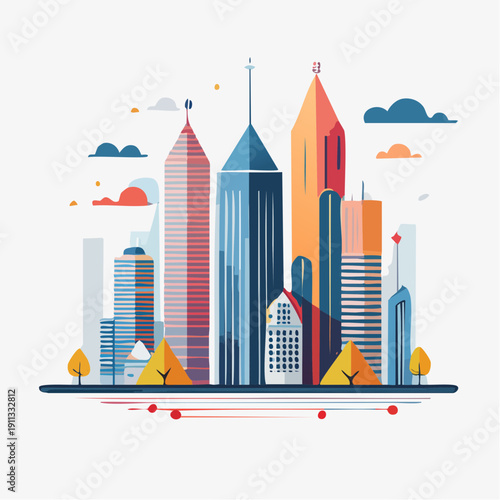 Vibrant cityscape illustration with modern skyscrapers and stylized trees