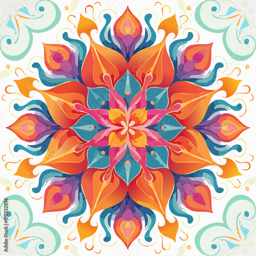 Vibrant Mandala Design with Intricate Floral Patterns and Swirls
