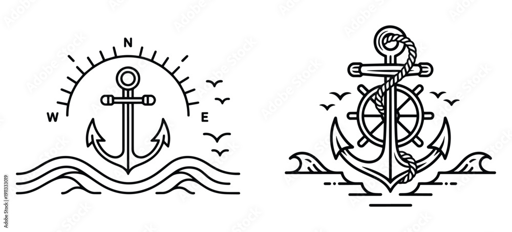 Obraz premium Black and White Nautical Anchor and Ship Wheel, Compass Direction and Ocean Waves, Monochrome Maritime Anchor with Helm Wheel, Rope and Compass Elements Vector Set