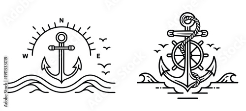 Black and White Nautical Anchor and Ship Wheel, Compass Direction and Ocean Waves, Monochrome Maritime Anchor with Helm Wheel, Rope and Compass Elements Vector Set