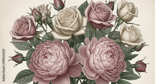 Vintage botanical illustration of pink and cream roses with blooming peonies and green leaves on an antique parchment background