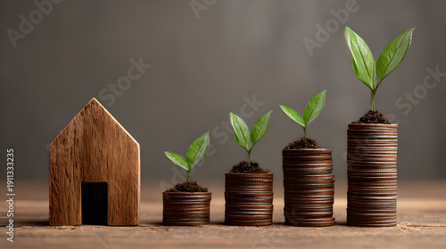 Wooden house model next to growing stacks of coins with plants
