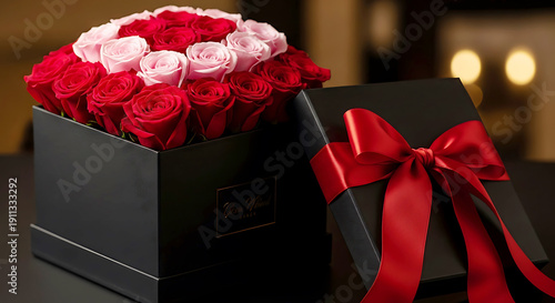 Luxury Valentine's Day gift box with red and pink roses in a black square box with a red satin ribbon bow on a dark background