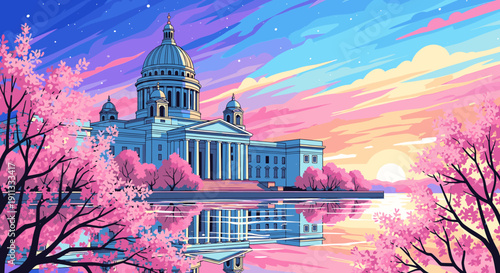 Serene pixel art landscape with a majestic building and blooming trees.