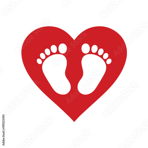 A simple vector illustration of a heart shape containing baby footprints inside, designed with soft clean lines to represent love, new life, parent bonding, and emotional family connection theme.