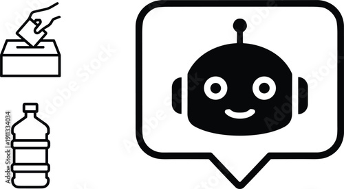 Chatbot speech bubble icon with donation box and plastic bottle vector illustration minimal outline design