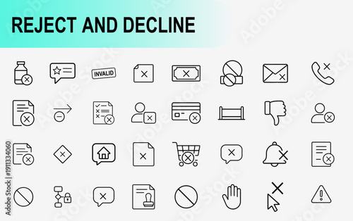 Reject and decline icons set, line symbols for invalid transaction failure prohibited restricted access and negative feedback vector illustration