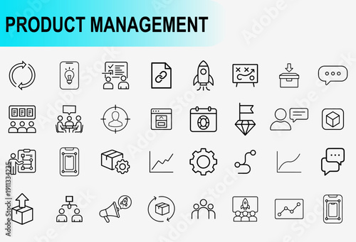 Product management and business planning icons set, line symbols for agile workflow roadmap strategy development and startup innovation vector illustration