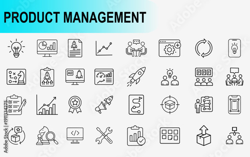 Product management and business strategy icons set, line symbols for project planning startup launch development and agile workflow vector illustration