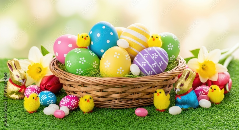 Fototapeta premium A basket of colorful Easter eggs and chocolate bunnies on a green grassy surface with daffodils and other Easter decorations.